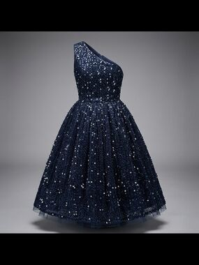 Grace Karin Navy One-Shoulder Sequin Tulle Midi Dress SIZE 6 GIRLS